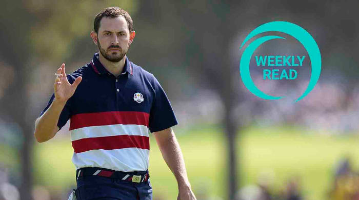 United States' Patrick Cantlay reacts to the crowd on the 1st green during their singles match at the Ryder Cup golf tournament at the Marco Simone Golf Club in Guidonia Montecelio, Italy, Sunday, Oct. 1, 2023, along with the Weekly Read logo.